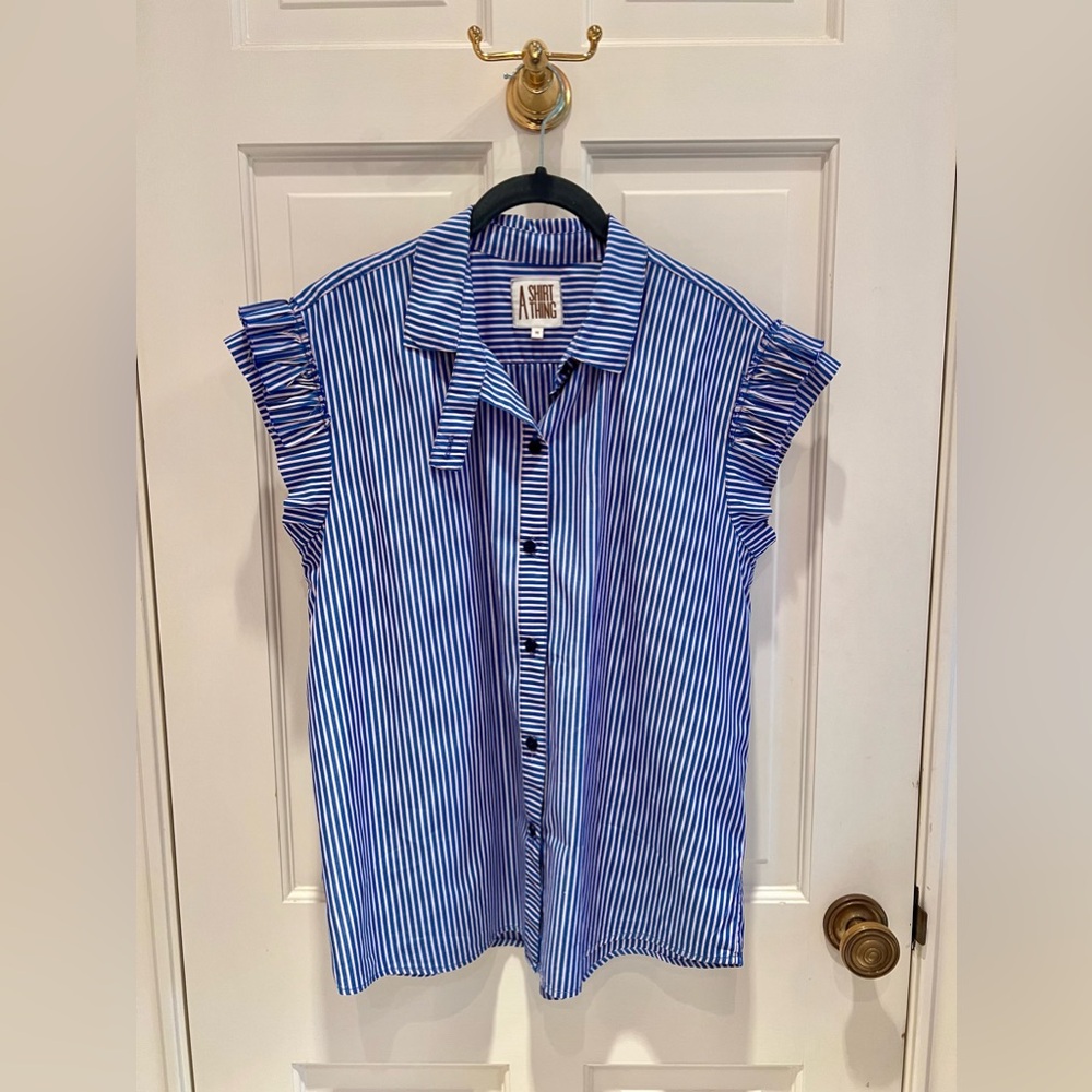 A Shirt Thing LA short sleeve button down. Blue & pink. Ruffle detail. Size M.